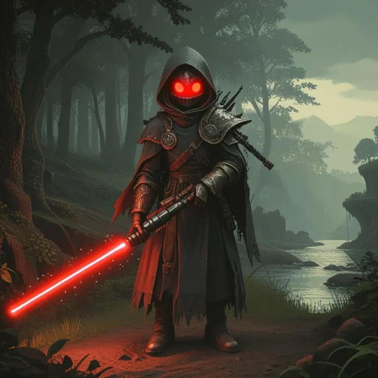 AI generated image of a dark knight with red lightsaber in a forest created using Stable Diffusion.