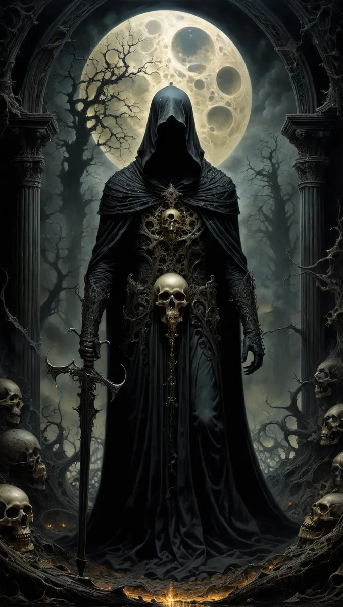 A dark knight dressed in intricate armor adorned with skull motifs stands under a full moon in a desolate, gothic horror setting with twisted trees and ancient columns.