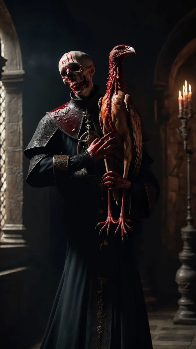 Dark priest with a blood-streaked skull face holding a large mystical bird in a gothic setting. This is an AI generated image using stable diffusion.