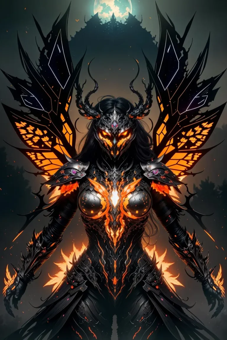 A dark warrior in fiery black and orange demon armor with intricate designs and glowing eyes, standing under a full moon. AI generated image using stable diffusion.