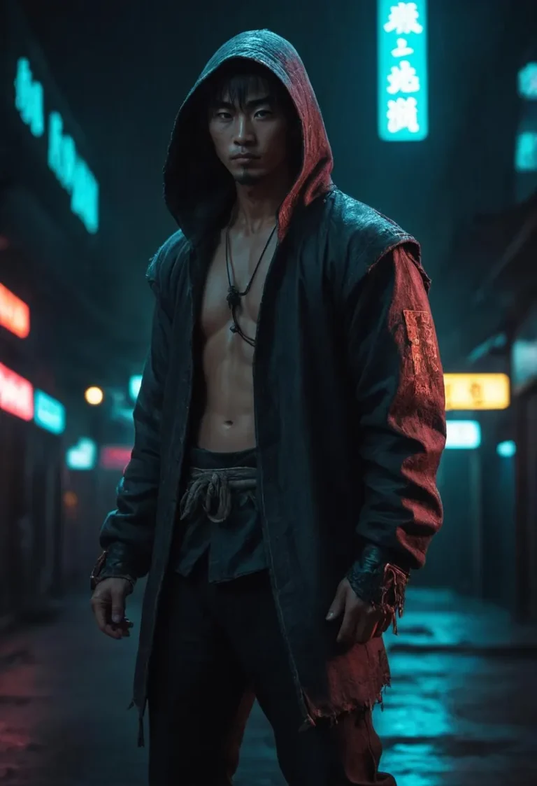 A warrior in a dark hooded cloak stands in a rainy, neon-lit urban street at night. This is an AI generated image using Stable Diffusion.