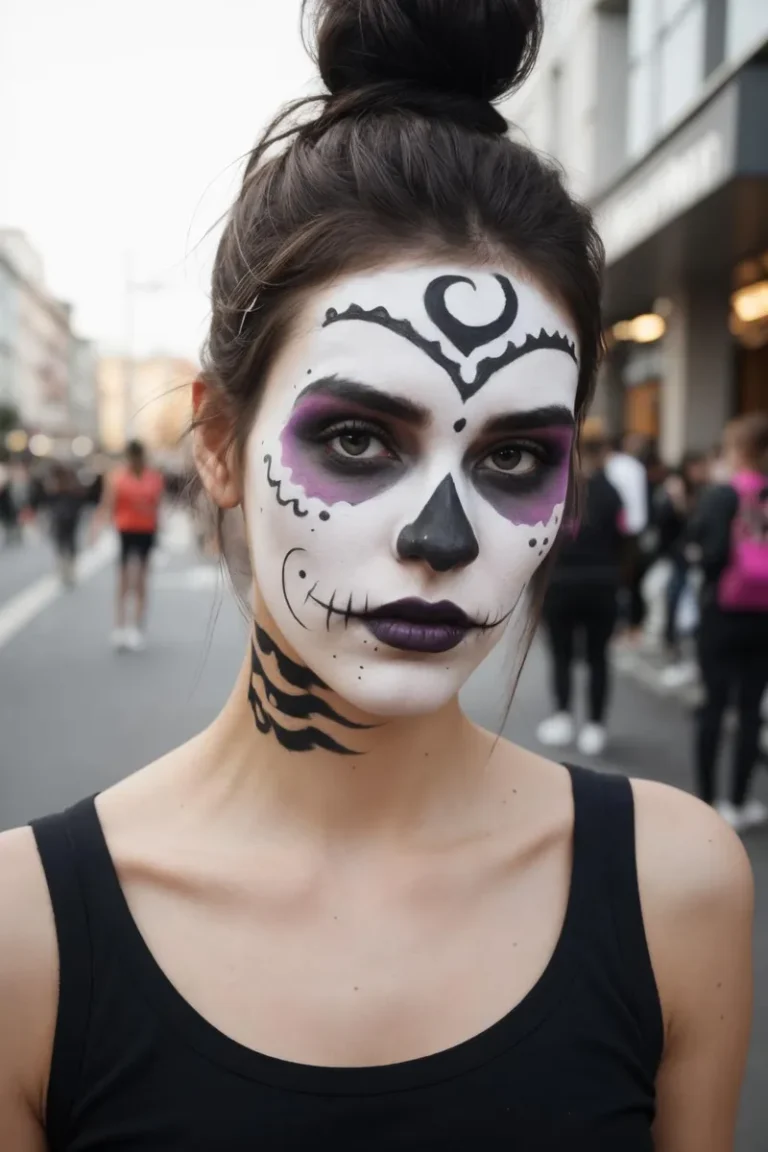 Woman with detailed sugar skull face paint, featuring black and purple hues, AI generated using stable diffusion.