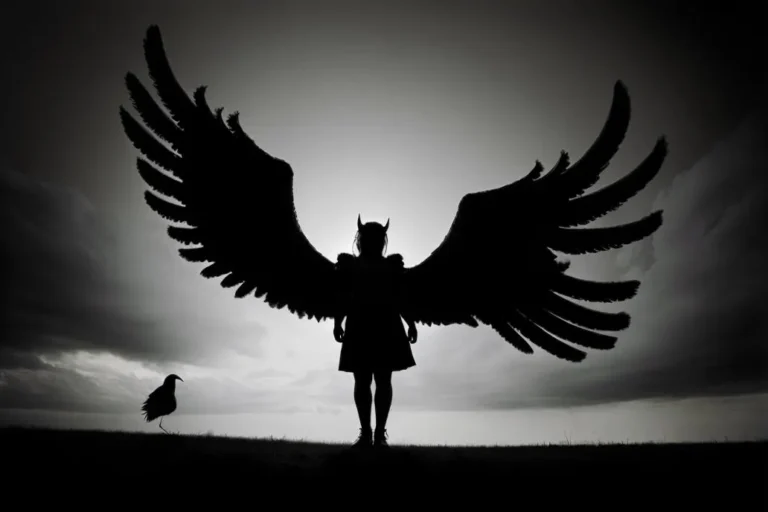 Silhouette of a demon angel with dark wings, standing on a field with dramatic storm clouds in the background. AI generated image using Stable Diffusion.