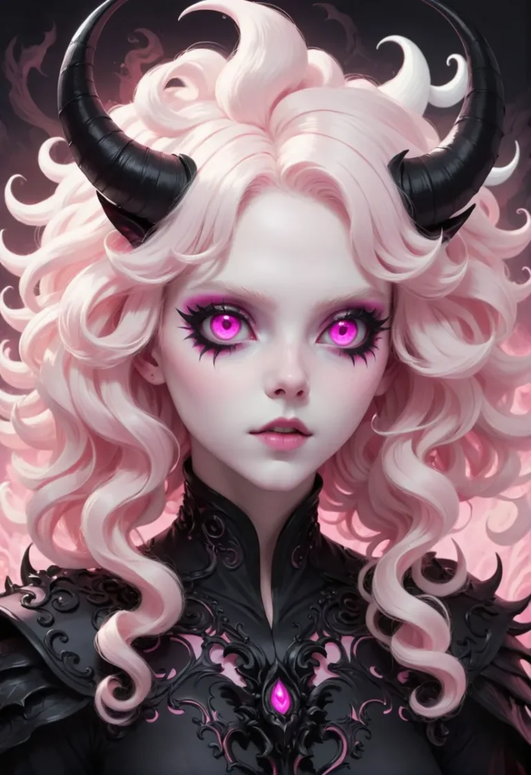 AI-generated image of a demon girl with striking pink eyes, curly white hair, and black horns using stable diffusion.