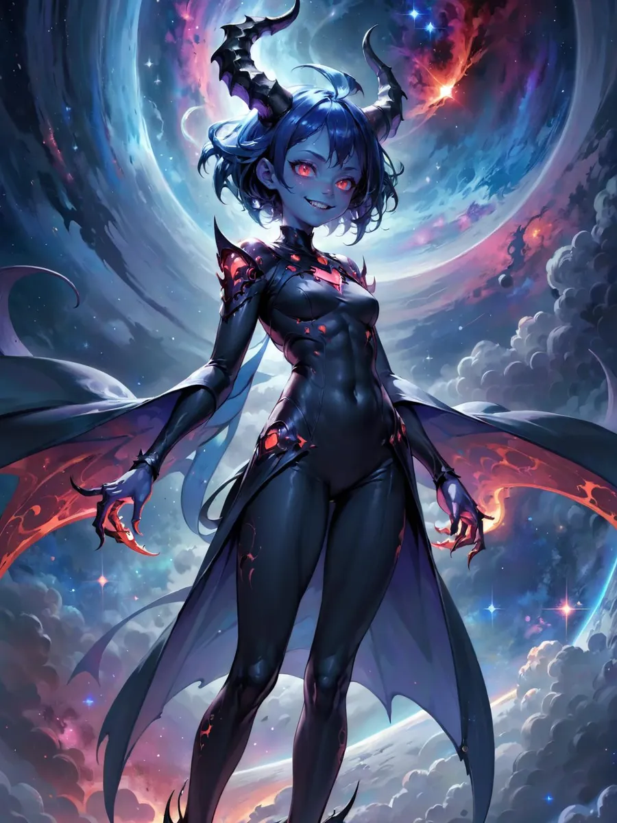 A demon girl with blue skin and black horns stands confidently against a celestial background of swirling galaxies and stars. The image is AI generated using stable diffusion.