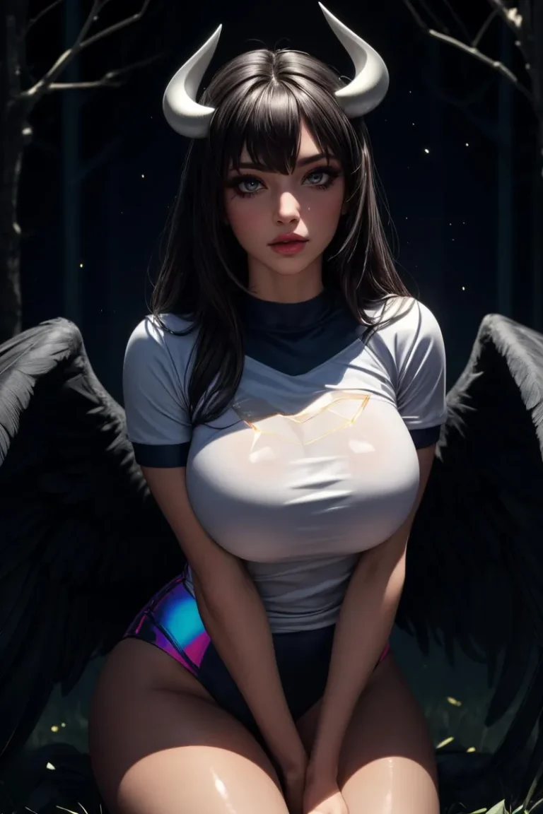 Anime-style portrait of a fantasy demon girl with black wings and white horns, featuring a sensual appearance and sitting pose, created using stable diffusion.