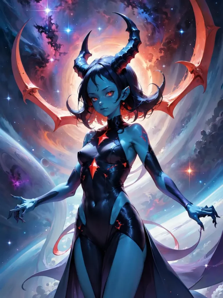 AI generated image of a demon girl with horns against a cosmic background using Stable Diffusion.