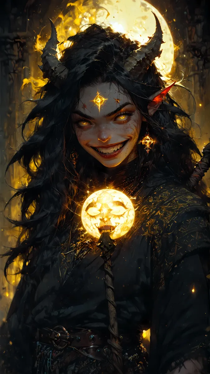 AI generated image of a sinister demon sorceress with glowing staff in a Halloween-themed fantasy art style created using Stable Diffusion.