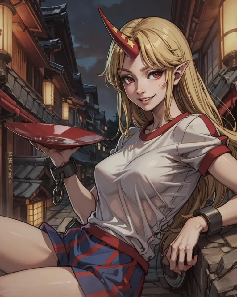 Demon waitress with a horn, blond hair, and red eyes, wearing a casual outfit featuring a white and red t-shirt and blue and red skirt, serving a red plate. The background depicts traditional Japanese buildings at night. This is an AI generated image using Stable Diffusion.