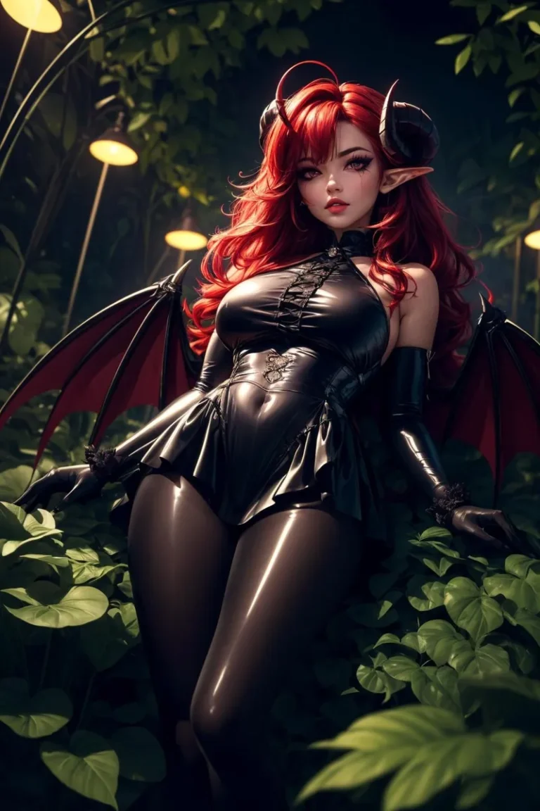 An AI generated image using Stable Diffusion showcasing a red-haired demoness wearing a black leather outfit, standing amidst lush green forest foliage with illuminated mushrooms in the background.
