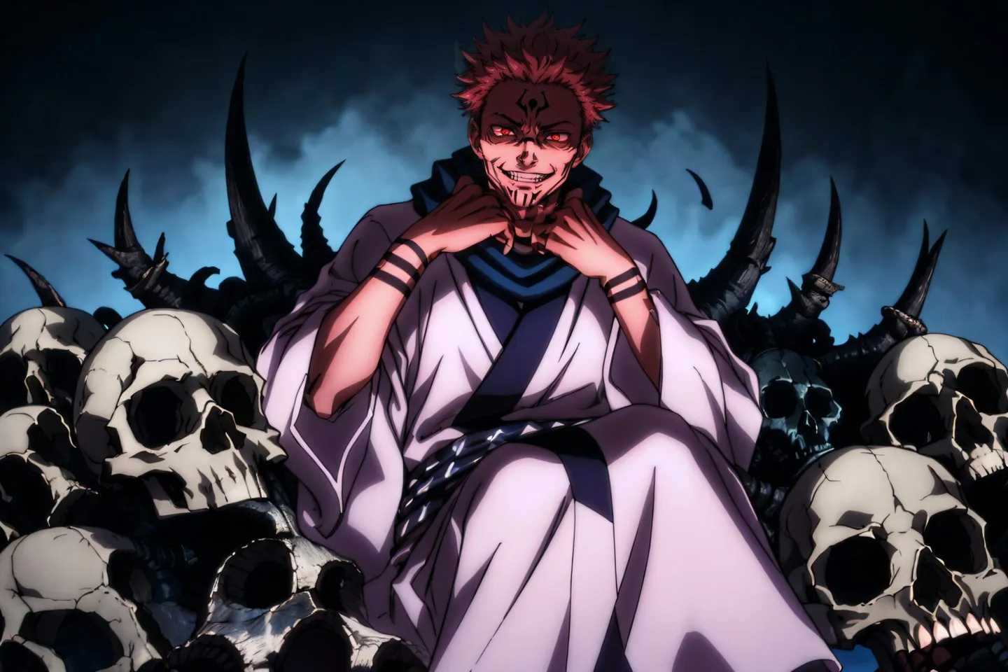An AI-generated image using Stable Diffusion of a demonic throne with a red-haired anime character wearing white robes, seated amidst skulls with a dark background.
