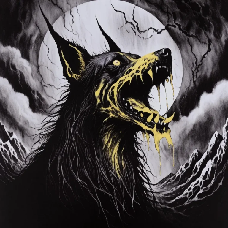 Demonic wolf with yellow glowing eyes and yellow saliva under a cracked full moon and stormy clouds. Illustrated using Stable Diffusion.