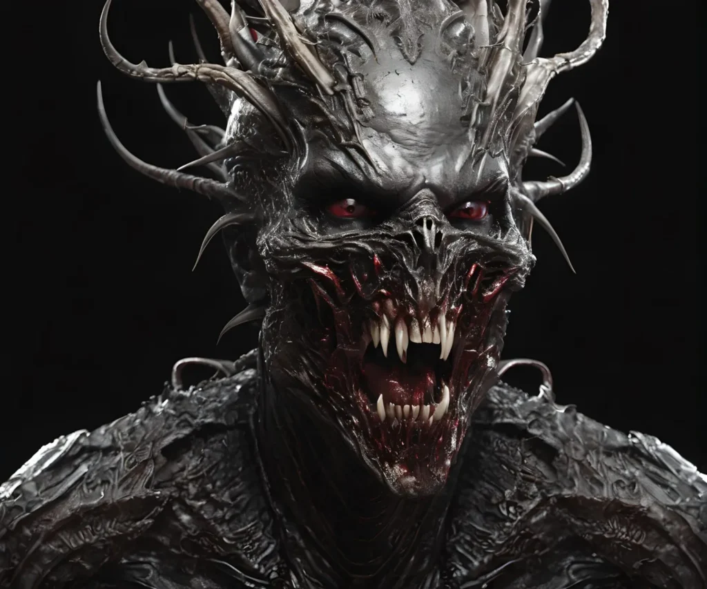 A high-detail AI-generated image of a demonic creature with an intricately designed face, menacing teeth, and multiple horns emerging from its head, in a dark setting.