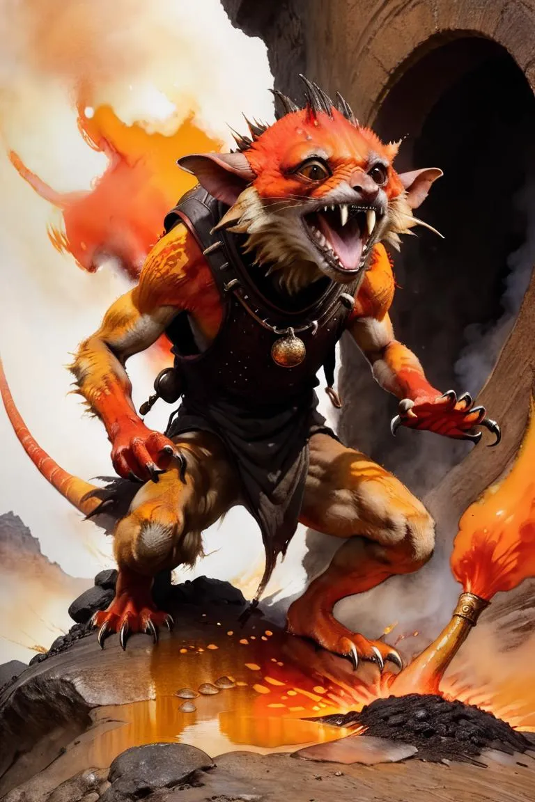 A fantastical demonic goblin with burning orange fur and sharp fangs set against a fiery background. This is an AI generated image using Stable Diffusion.