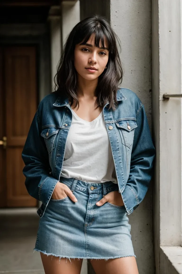 Young woman wearing a denim jacket and denim skirt with a white shirt in an urban setting. This is an AI generated image using Stable Diffusion.
