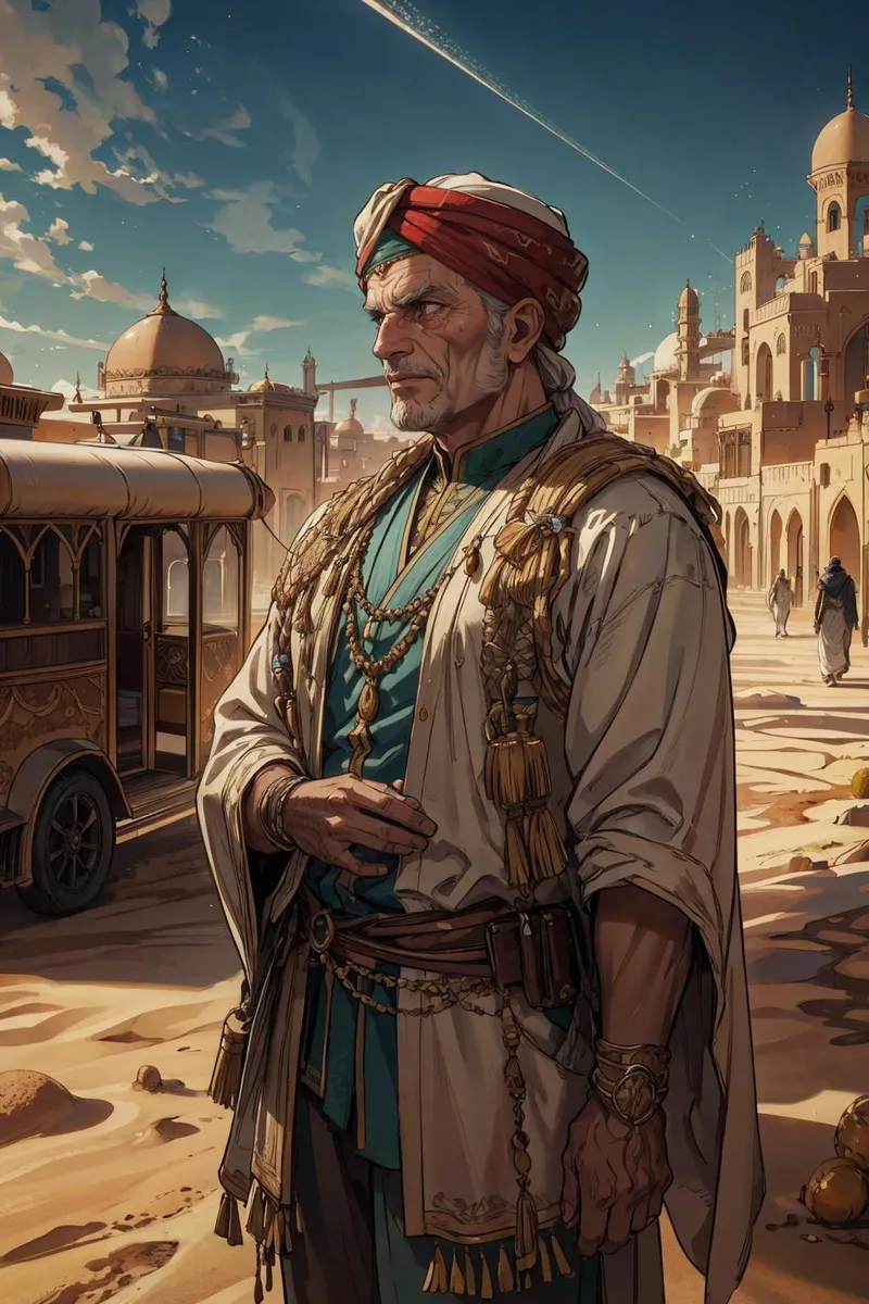 Desert merchant in traditional attire standing in an ancient city with golden domes and an ornate carriage in the background. This is an AI generated image using Stable Diffusion.