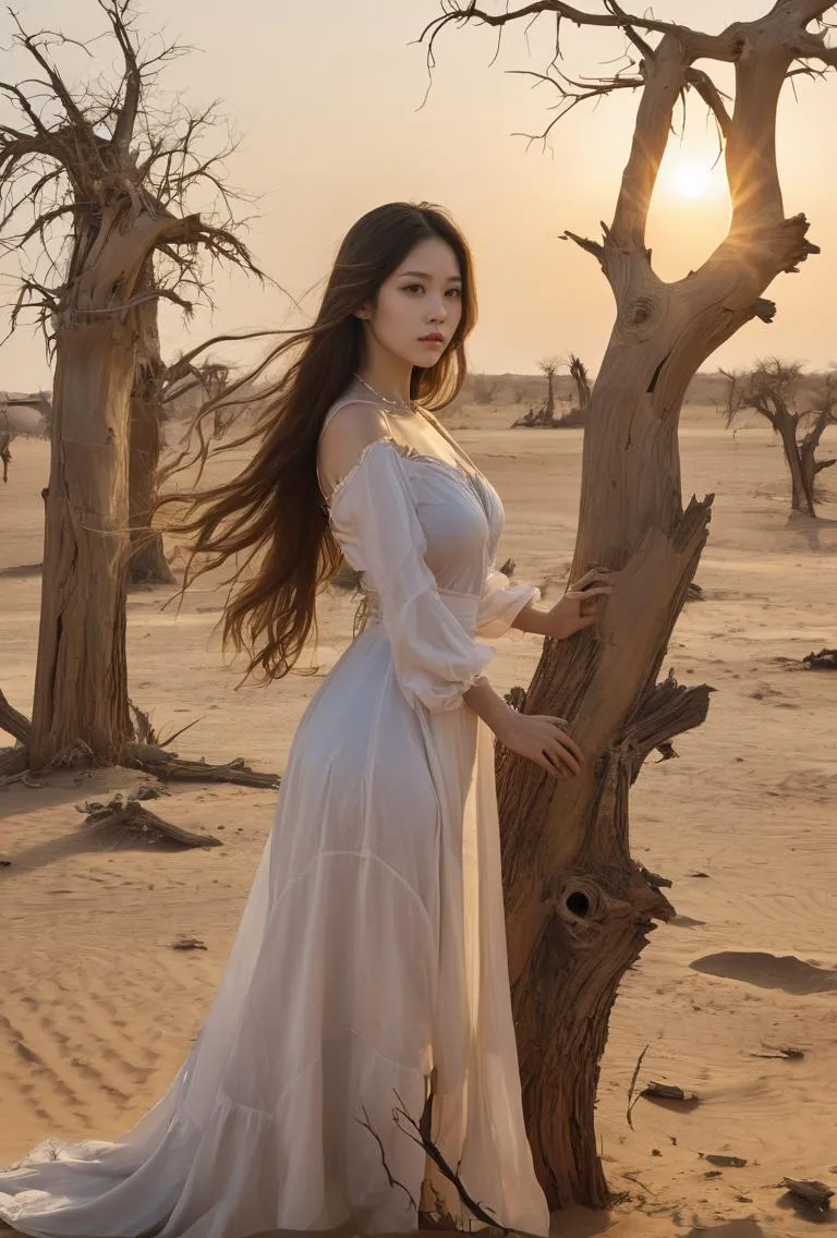 A beautiful woman in a flowing white dress stands against a tree in a desolate desert, AI generated image using Stable Diffusion.