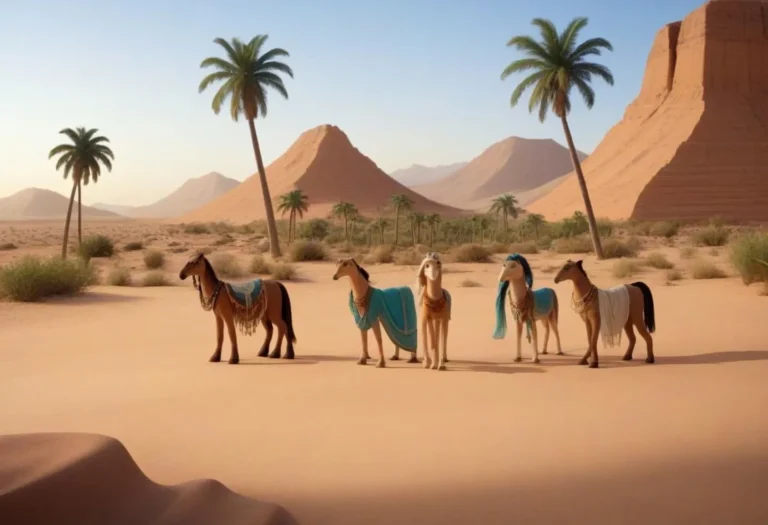Horses standing in a desert with palm trees and mountains, an AI generated image using Stable Diffusion.