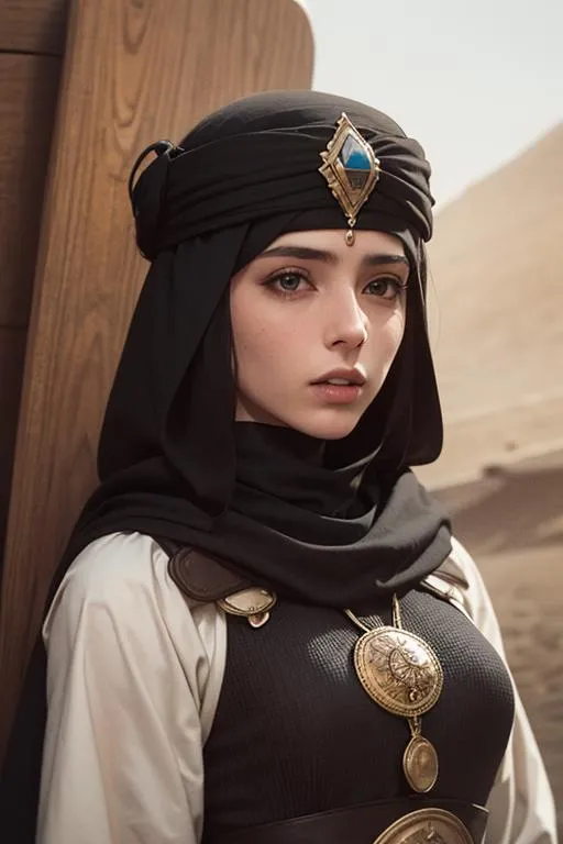 A noblewoman in a desert landscape wearing intricate jewelry and a headpiece. AI generated with stable diffusion.