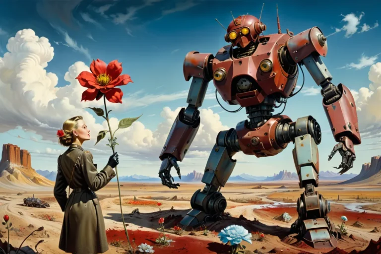 A surreal scene showing a giant robot and a woman holding a large red flower in a desert setting, AI generated image using stable diffusion.