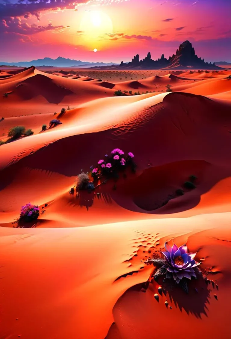 AI generated image using stable diffusion depicting a surreal desert at sunset with colorful blooming flowers dispersed among the sand dunes.