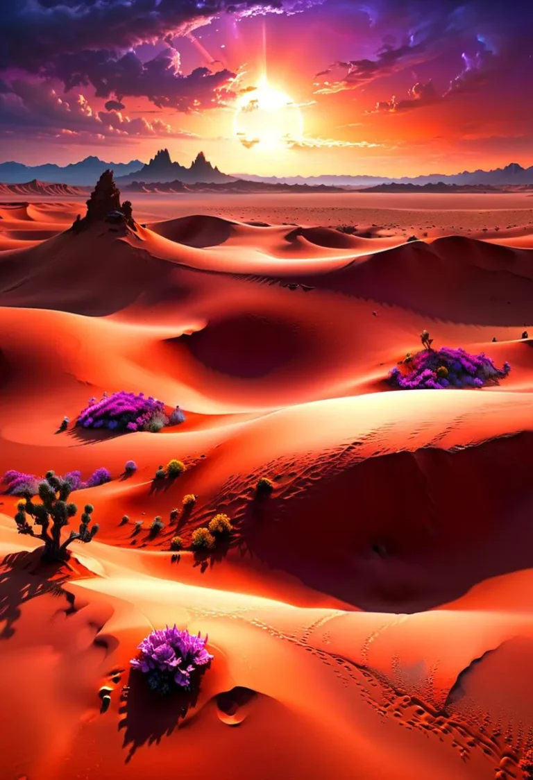 AI generated image of a dramatic sunset over vibrant desert dunes, created with Stable Diffusion.