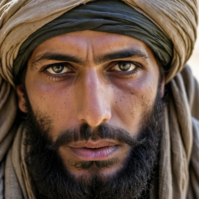 A close-up portrait of a man with a thick beard, wearing a turban and desert attire, generated using Stable Diffusion.