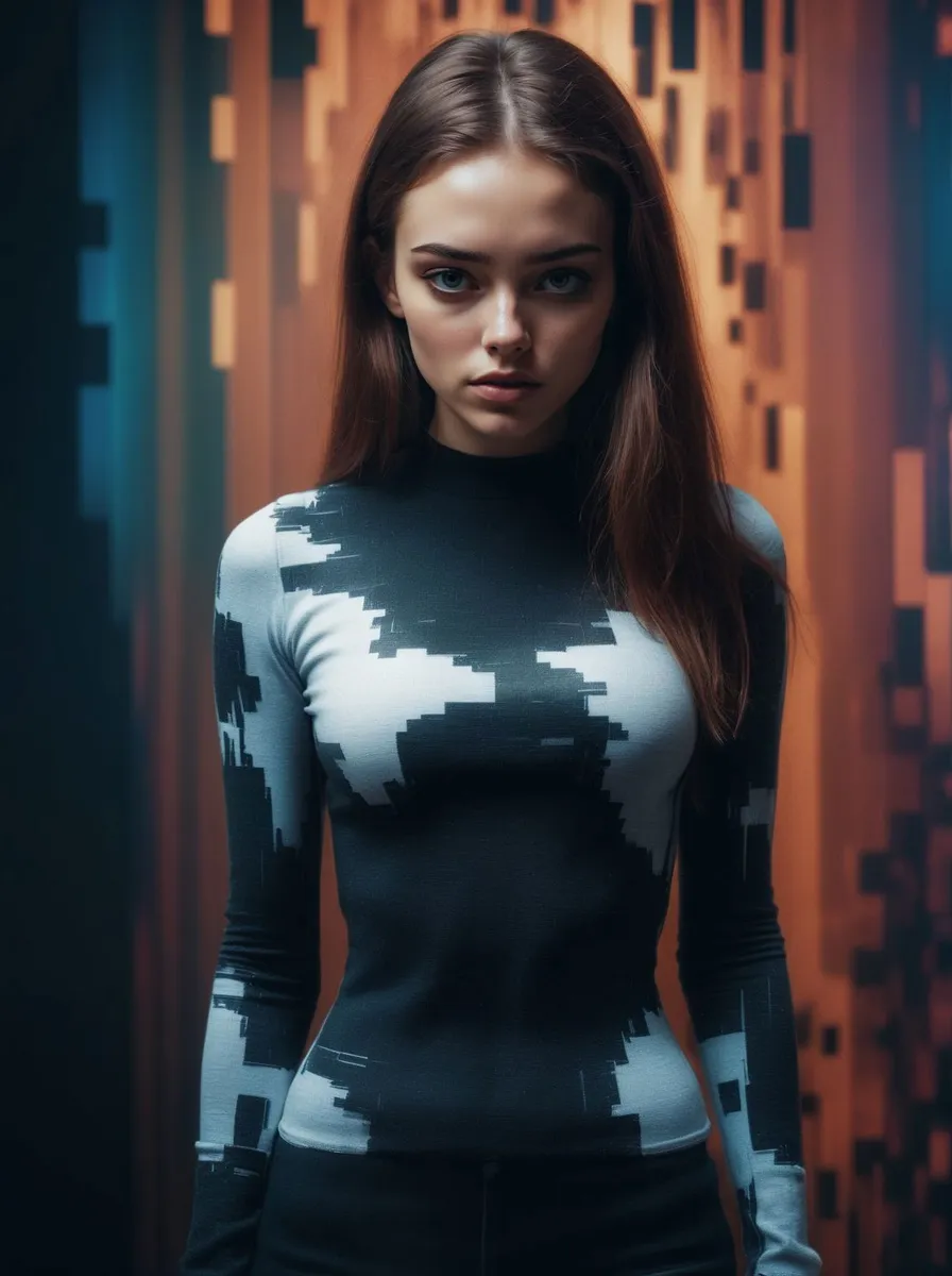 Woman in a pixelated black and white dress standing against a futuristic background. This is an AI generated image using stable diffusion.