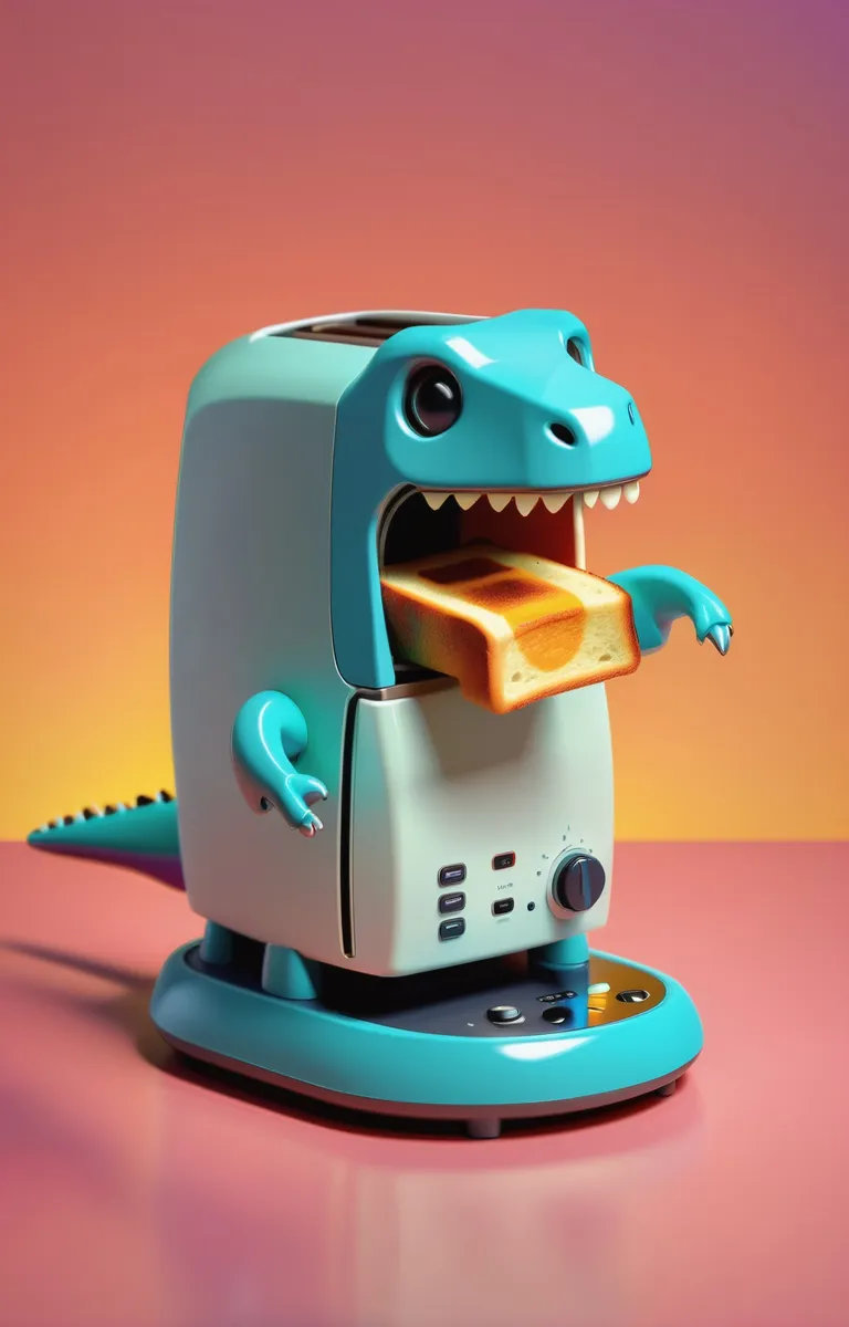 A funny AI generated image of a toaster designed to look like a teal dinosaur with a piece of toast in its mouth created using Stable Diffusion.