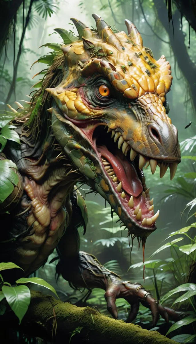 A realistic, ferocious dinosaur head with sharp teeth and intense yellow eyes in a lush green jungle. This is an AI-generated image using Stable Diffusion.