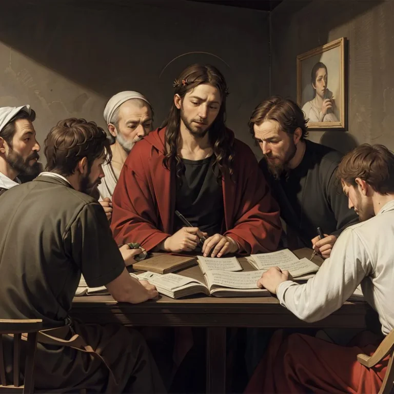 A detailed painting of several disciples engaged in a discussion around a table, centered around a figure in a red robe, AI generated using Stable Diffusion.