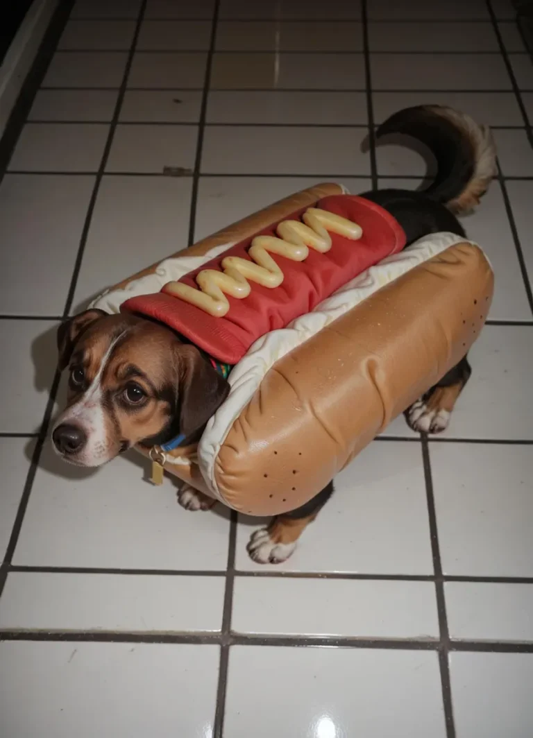 A small dog wearing a hot dog costume with a bun and mustard, created with AI using Stable Diffusion.
