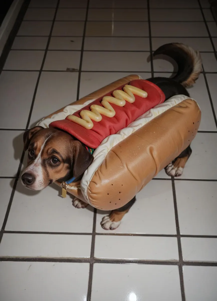 A small dog wearing a hot dog costume with a bun and mustard, created with AI using Stable Diffusion.