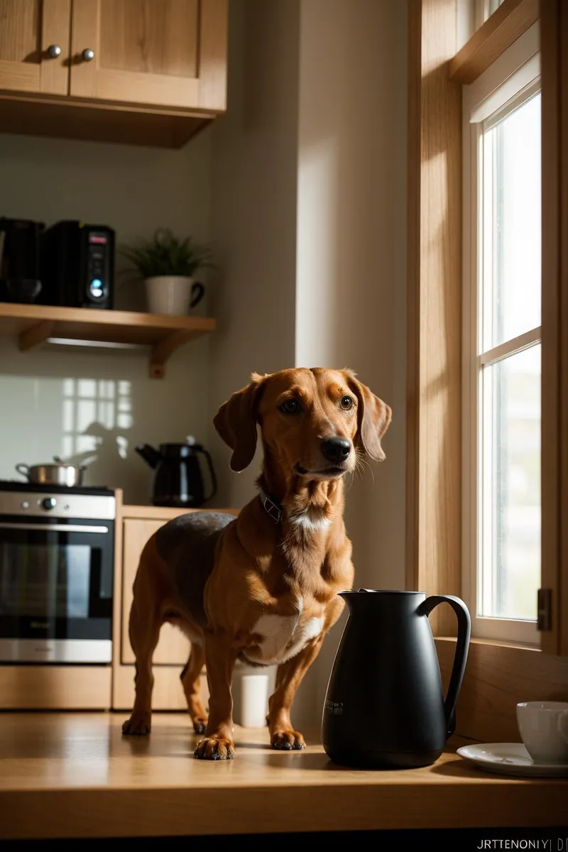 A dog standing on a kitchen counter with morning light streaming through the window. AI generated image using Stable Diffusion.