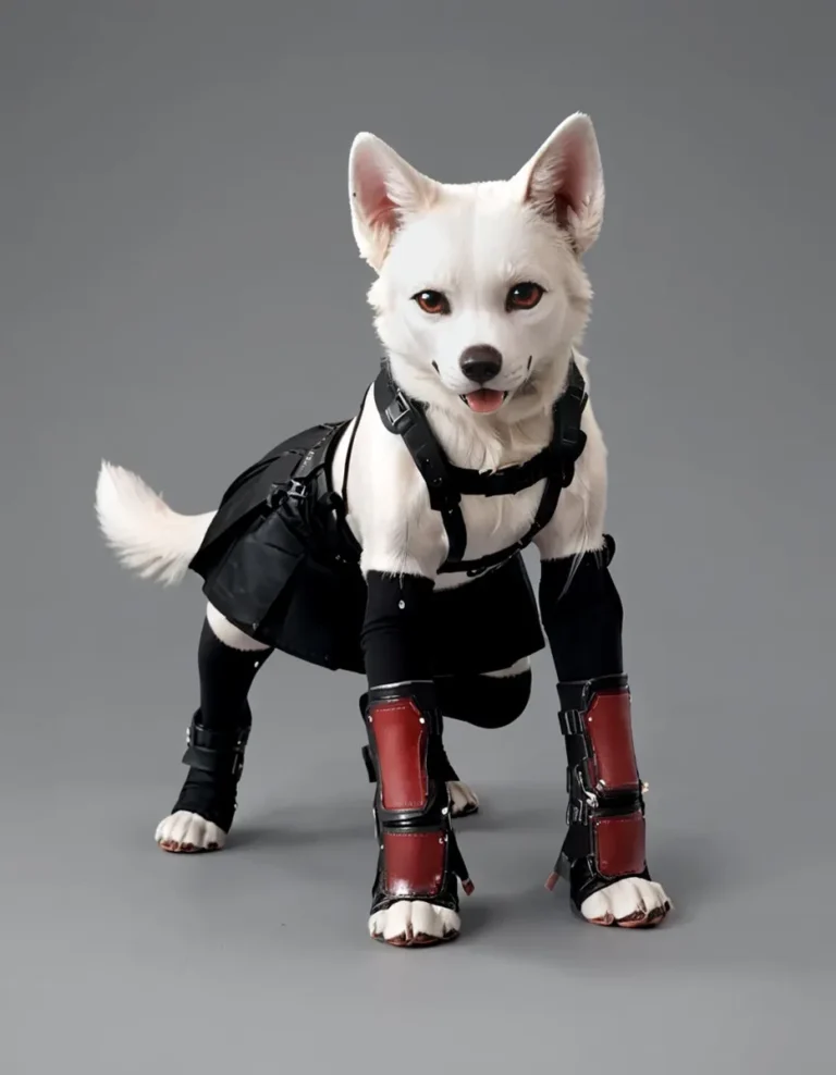 Dog dressed in fantasy warrior armor with black and red leather accents, AI generated image using Stable Diffusion.