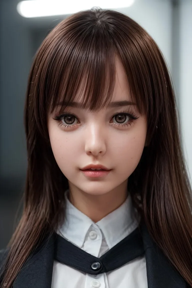 AI generated image using stable diffusion of a young woman with large doll-like eyes, long brown hair, wearing a school uniform with a dark tie.