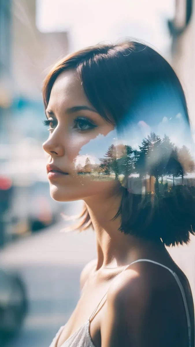Double Exposure AI generated image of a woman's profile merged with a nature scene using Stable Diffusion.