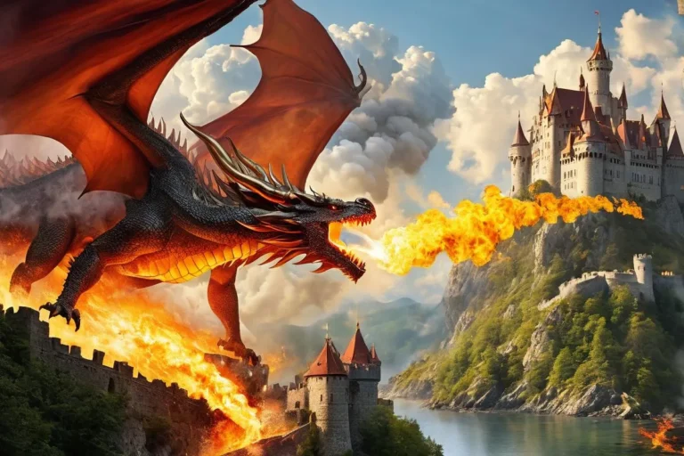Fire-breathing dragon in mid-air attacking a medieval castle on a mountain with flames.