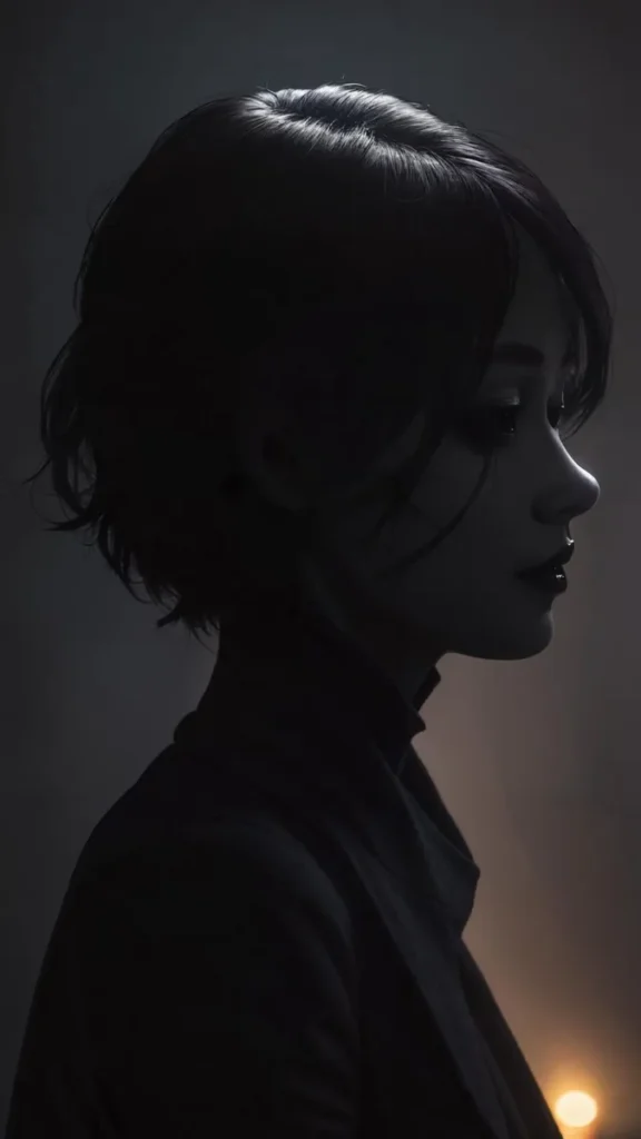 A dramatic silhouette in profile of a woman with short hair wearing dark clothing. AI-generated image using Stable Diffusion.