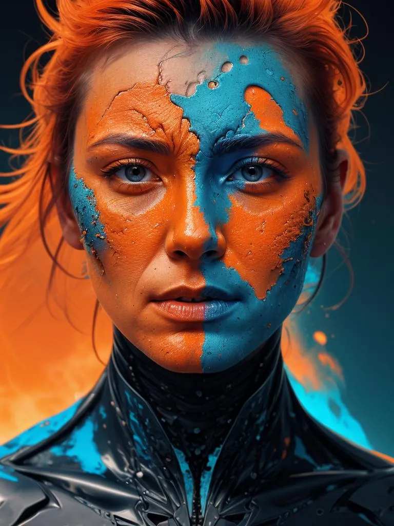 A close-up of a woman's face with vibrant orange and blue face paint, AI-generated image using stable diffusion.