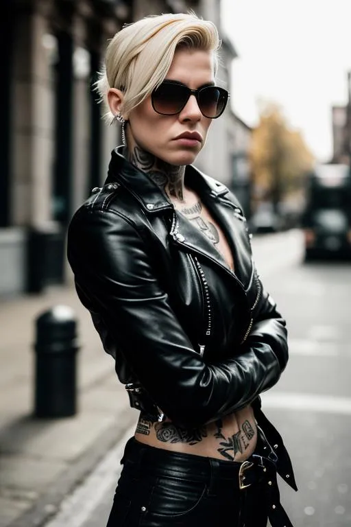Edgy woman with tattoos wearing a leather jacket and sunglasses, standing on an urban street. AI generated image using Stable Diffusion.