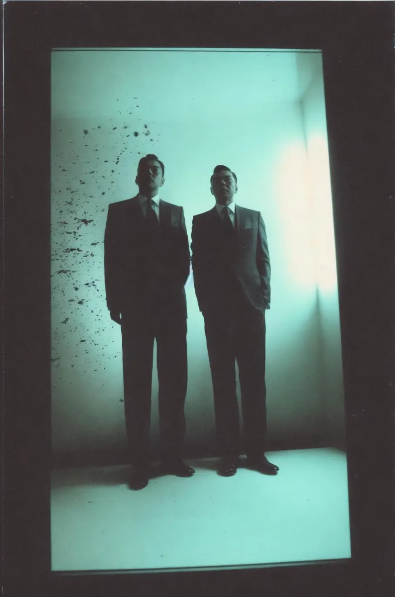 Two eerie businessmen in a minimalist, backlit room. This is an AI generated image using Stable Diffusion.