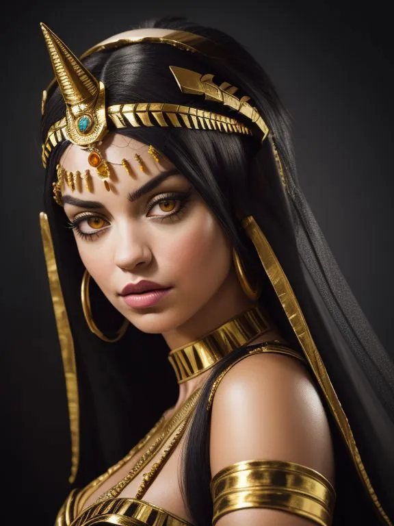 AI generated image using Stable Diffusion of an Egyptian queen with an intricate regal headdress adorned with gems