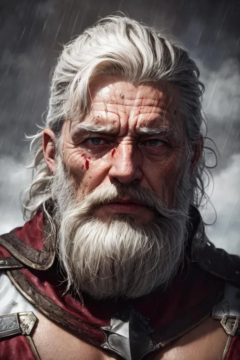 Detailed portrait of an elder warrior with battle scars, dressed in medieval armor, captured in the rain. AI generated image using Stable Diffusion.