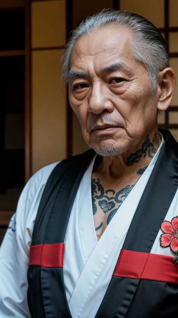 An AI generated image using stable diffusion of a tattooed elderly man wearing a traditional kimono with an intense expression.