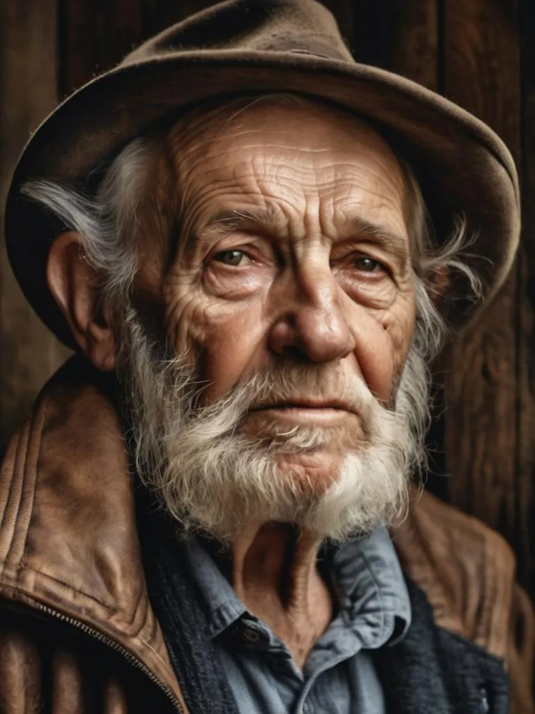 AI generated image using stable diffusion of a detailed portrait of an elderly man with a full beard, wearing a hat and a leather jacket.
