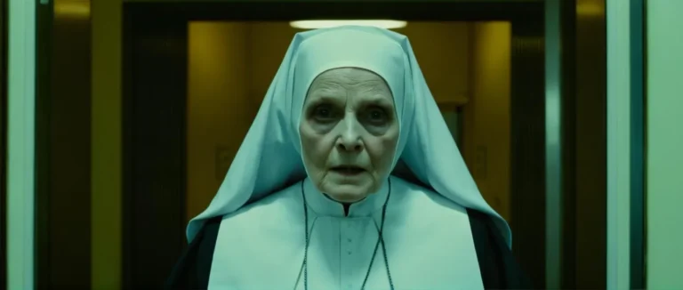 An AI generated image of an elderly nun with a creepy expression, created using Stable Diffusion.