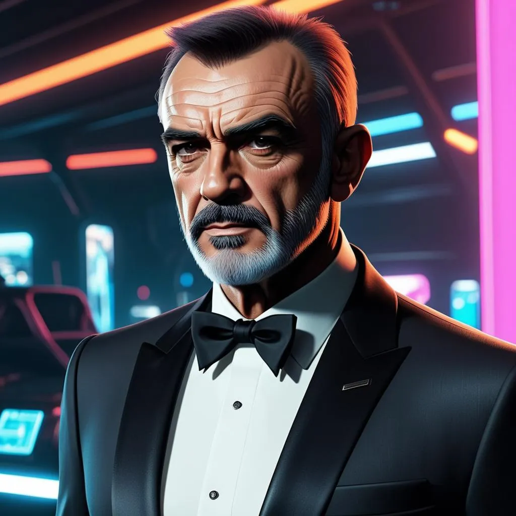A distinguished elderly man with a stern expression is dressed in a classic black tuxedo and bow tie, set against a futuristic backdrop of vivid neon lights. The image is AI generated using stable diffusion.