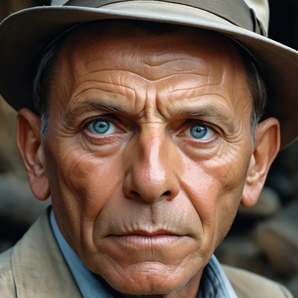 Realistic portrait of an elderly man with an intense gaze and blue eyes, wearing a hat, AI generated using stable diffusion
