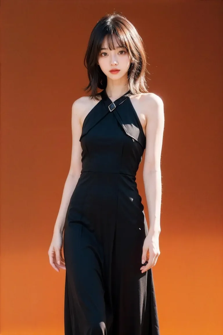 An elegant woman with shoulder-length hair, wearing a black sleek dress, standing against an orange background. This is an AI generated image using Stable Diffusion.